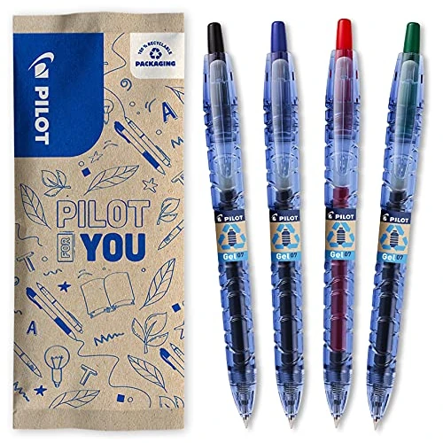 PILOT - Caja de 4 B2P Gel - Roller Retráctil y Recargable - Hecho con Botellas Recicladas - Tinta de Gel para una Comodidad de Escritura óptima - Begreen - Negro, Azul, Rojo, Verde - Punta media
