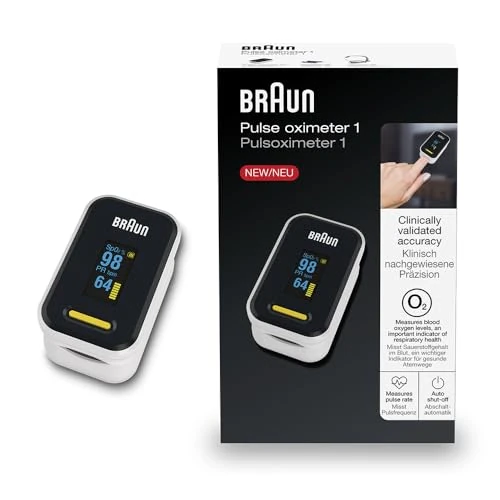 Braun Pulsossimetro 1 , Monitor accurato per ossigeno nel sangue da dito, Clinicamente validato , Per chi soffre di BPCO, polmonite e apnea notturna , Ottimo per gli atleti, YK-81CEU