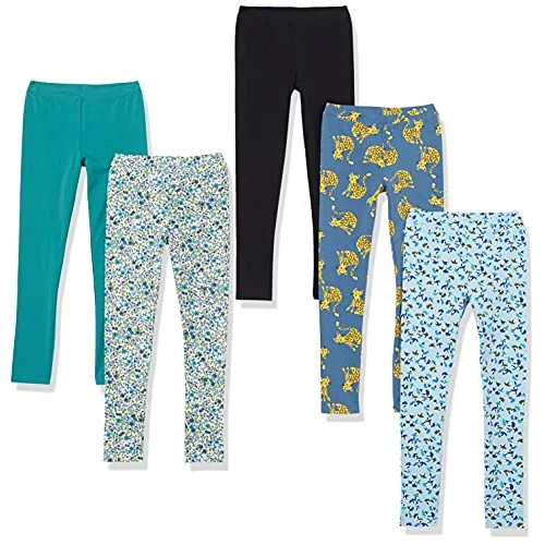 Amazon Essentials Leggings Niña, Pack de 5, Azul Estampado de Hojas/Añil Grandes Felinos/Blanco Floral/Negro/Verde Turquesa, 4 años