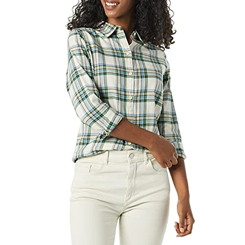 Amazon Essentials Women's Lekka flanelowa koszula z długim rękawem w kratę classic fit, Kość słoniowa Zielony Alpejska kratka, XXL