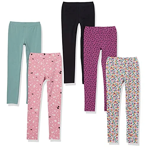 Amazon Essentials Legginsy dziewczęce, 5 sztuk, czarne/różowe kwiaty/fioletowe kropki/turkusowo-zielony/biały kwiatowy Ditsy, XXL