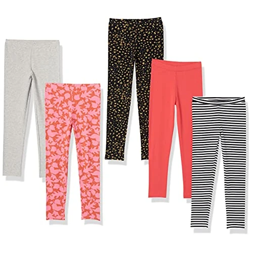 Amazon Essentials Leggings Niña, Pack de 5, Blanco Rayas/Gris/Melocotón Estampado de Hojas/Naranja/Negro Estrellas, 6-7 años