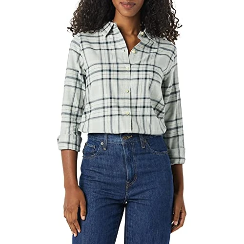 Amazon Essentials Women's Regular-Fit Long-Sleeve Lightweight Plaid Flannel Shirt, Black Grey Plaid, L