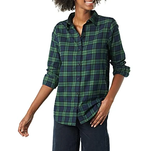 Amazon Essentials Women's Lekka flanelowa koszula z długim rękawem w kratę classic fit, Ciemnozielony Granatowy Średnia kratka, L