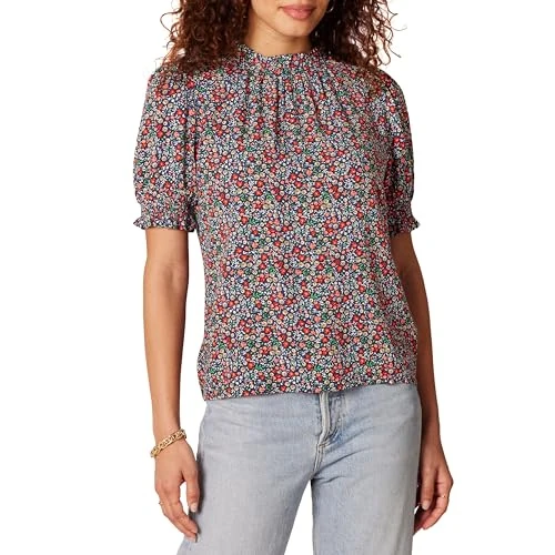 Amazon Essentials Chemise À Manches Bouffantes Courtes en Sergé Fluide Femme, Bleu Marine Multi Petits Motifs Prairie, M