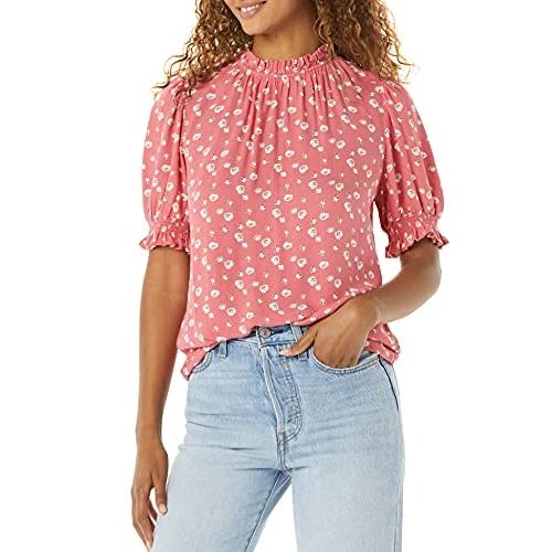 Amazon Essentials Women's Fluid Twill Short Puff Sleeve Smock Detail Shirt, Raspberry Red Floral, XL