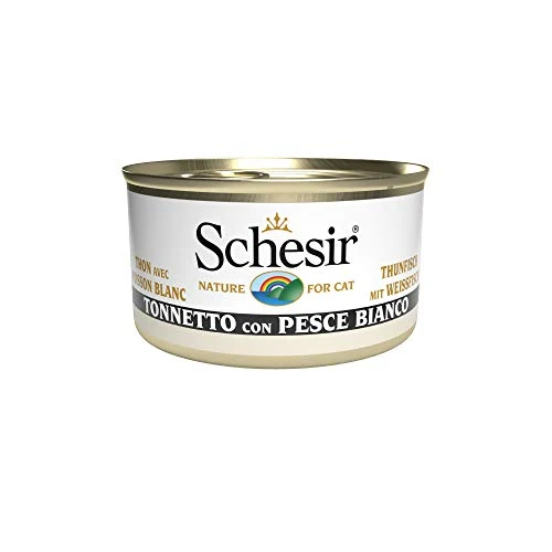 Schesir, Wet Food for Adult Cats with Tuna with White Fish, Soft Gelatin Fillets – Total 2.05 kg (24 Cans of 85 g)