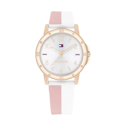 Zeitlich begrenztes Angebot: Tommy Hilfiger Mädchenuhr mit Silberfarbenem Zifferblatt, Weißem und Rosa Silikonarmband, Gehäuse Roségold 32mm, 3-Zeiger-Quarzwerk, 3 ATM Wassericht - 1720015 von 69.00 € auf 62.47 € (9% Rabatt)