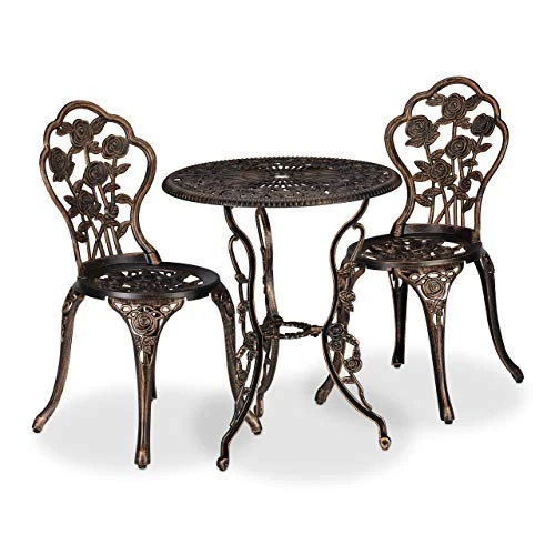 Offerta a tempo: Relaxdays Set da Bistrot da 3, Tavolino da Giardino, 2 Sedie, Balcone, Stile Ferro Battuto, in Alluminio, Bronzo - 0.00% da 169.99 € a 169.99 €
