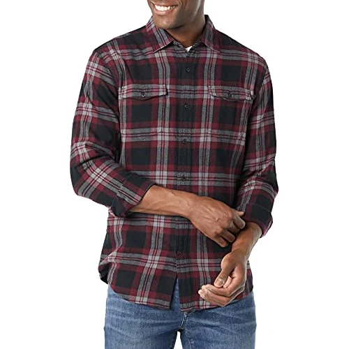 Amazon Essentials Men's Slim-Fit Long-Sleeve Two-Pocket Flannel Shirt, Black Burgundy Plaid, XL