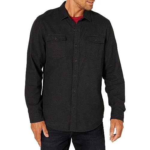 Amazon Essentials Men's Flanelowa koszula z długim rękawem z 2 kieszeniami slim fit, Czarny, M