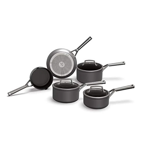 Ninja Foodi ZEROSTICK Ensemble de 5 Casseroles, Antiadhésif, Durable, Alu Anodisé, Compatible à l'Induction, Va au Four et au Lave-Vaisselle, Poignées en Inox, Couvercles en Verre, Gris C35000EU