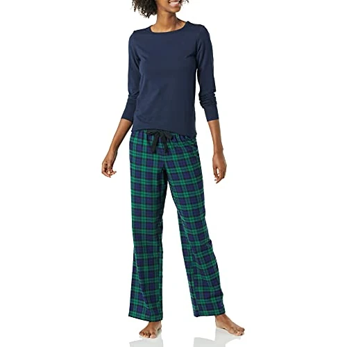 Amazon Essentials Women's Lightweight Flannel Pant and Long-Sleeve T-Shirt Sleep Set, Blackwatch Plaid, Large