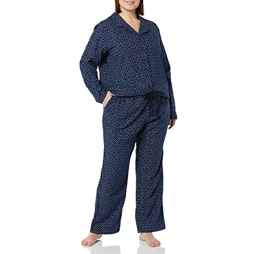 Offerta a tempo: Amazon Essentials Set pigiama in flanella di pantaloni e camicia con bottoni frontali a maniche lunghe Donna, Blu Marino Stampa A Pois, S - 0.00% da 29.65 € a 29.65 €
