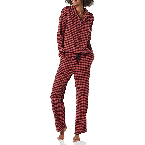 Offre limitée : Amazon Essentials Ensemble pyjama en flanelle à manches longues boutonné sur le devant et pantalon pour femme, motif écossais noir et rouge, taille XL de 29.60 € à 29.60 € (0.00% de remise)