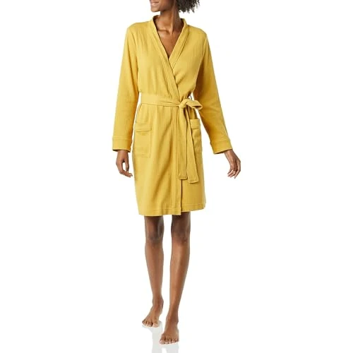 Tijdelijke aanbieding: Amazon Essentials Lichtgewicht gewafelde halflange badjas voor dames (verkrijgbaar in grote maten), Mosterd Geel, M van 29.99 € naar 29.99 € (0.00% korting)