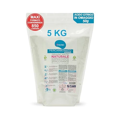 Offerta a tempo: Percarbonato di Sodio per Bucato Puro (5 Kg, 850 Lavaggi) Smacchiatore Bucato ad Azione Sbiancante Smacchiant Igienizzante Naturale, Antimuffa, Busta Richiudibile - IN OMAGGIO 50gr di Acido Citrico - 5% da 24.22 € a 22.97 €