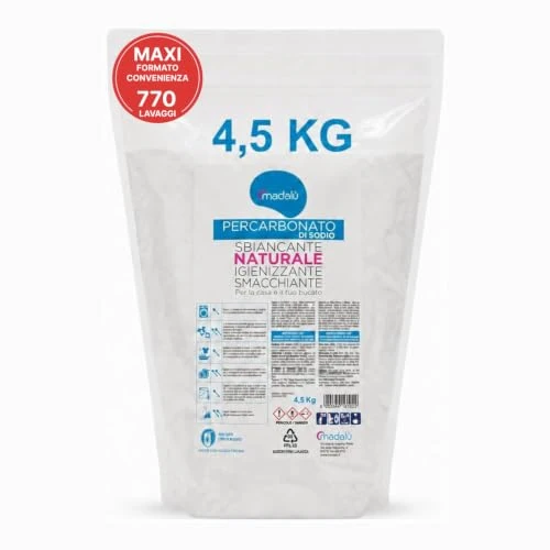Offerta a tempo: Percarbonato di Sodio per Bucato Puro (4,5 Kg, 770 Lavaggi) Smacchiatore Bucato Azione Sbiancante Igienizzante Naturale, Antimuffa, Professionale Busta Richiudibile - 0.00% da 21.50 € a 21.50 €