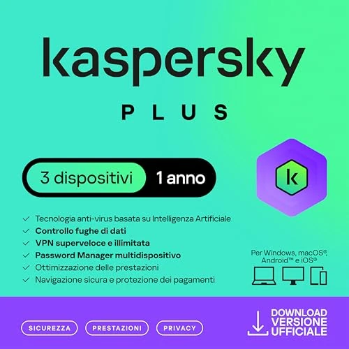 Offerta a tempo: Kaspersky Plus Internet Security 2026| 3 dispositivi | 1 anno | Con Anti-Phishing e Firewall | VPN illimitata | Password Manager | Protezione banking online | PC/Mac/mobili | Attivazione e-mail - 59% da 69.99 € a 28.90 €
