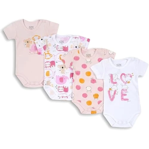 Chicco Baby Girls' Set of 4 Short Sleeve Bodysuits Linen Set Newborn, Pink, 3 Months (Pack of 4)