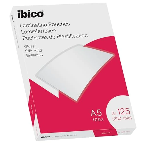 Ibico A5 Laminating Pouches, 250 Micron (2x125), High Document Protection & Durability, Pack of 100, Gloss Finish, Crystal Clear, 627315