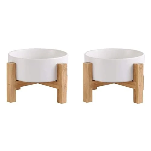 Limited offer: Raised Ceramic Cat Bowl Set - Cat Food and Water Bowls with Bamboo Stand - Elevated Double Dog Dishes for Puppies - Set of 2 from 33.76 EUR to 33.76 EUR (save 0%)