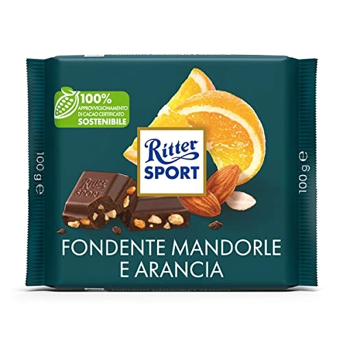RITTER SPORT Fondente Amande Orange, Tablette Chocolat Fondant avec Granelle d'Amandes et Cubes d'écorces d'Orange confite, Cacao 100% Certificat Durable, 100 g
