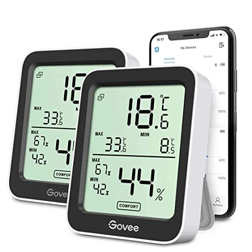 Offerta a tempo: Govee Termometro Igrometro 2 Pezzi, Termoigrometro Interno Esterno Bluetooth entro 50M Digitale con App, Ambiente Misuratore di Umidità e Temperatura e Dati Conservazioni per Casa Camera Serra Garage - 41% da 32.22 € a 18.99 €