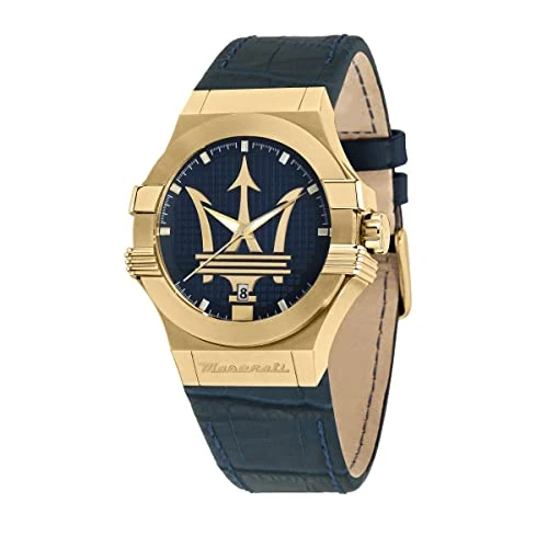 Tijdelijke aanbieding: Maserati R8851108035 Herenhorloge, kwarts, tijd en datum, van staal, PVD goud, leer, Blauw, 40mm, strepen van 269.00 EUR naar 161.40 EUR (korting 40%)