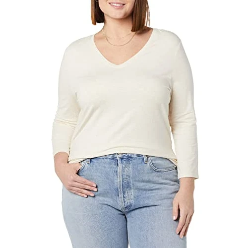 Amazon Essentials T-Shirt à Manches 3/4, Col en V, Coupe Classique (Disponible en Grande Taille) Femme, Avoine Chiné, XS
