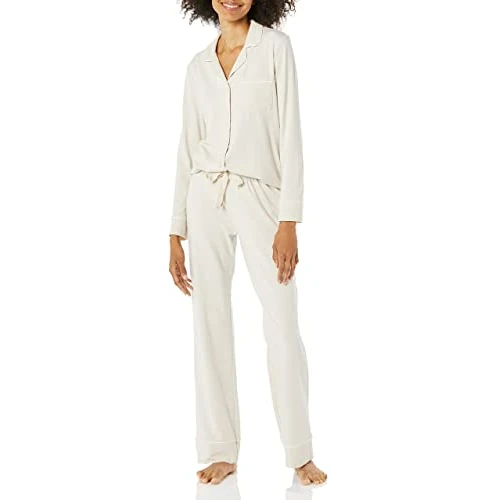 Amazon Essentials Women's Cotton Modal Long-Sleeve Shirt and Full-Length Bottom Pajama Set, Beige, Large