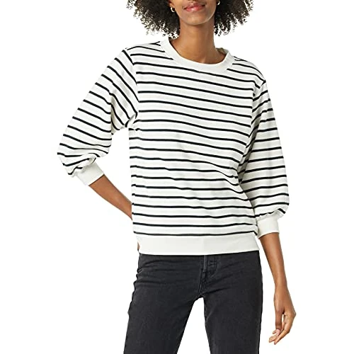 Amazon Essentials Women's French Terry Fleece Sleeve Detail Crewneck Sweatshirt, Black White Stripe, X-Small