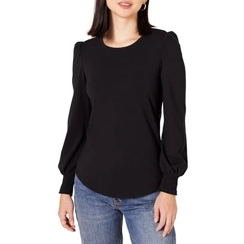 Offerta a tempo: Amazon Essentials T-Shirt Girocollo a Manica Lunga con Polsini Punto Smock Donna, Nero, XS - 13% da 13.90 € a 12.10 €