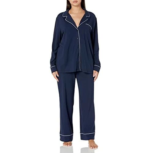 Amazon Essentials Women's Cotton Modal Long-Sleeve Shirt and Full-Length Bottom Pajama Set, Navy, Large