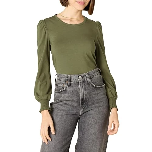 Amazon Essentials Damska koszulka z długim rękawem i okrągłym dekoltem i mankietami, oliwkowa, L