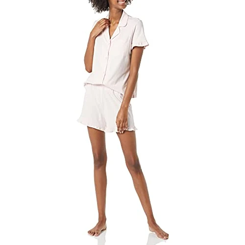 Amazon Essentials Women's Cotton Modal Piped Notch Collar Pajama Set (Available in Plus Size), Pale Pink, Large