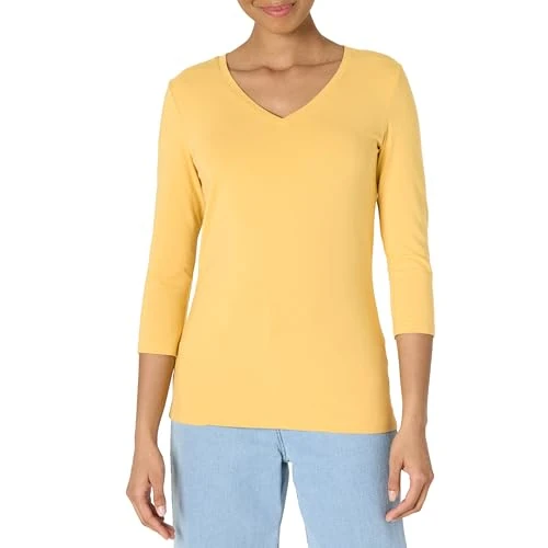 Amazon Essentials Women's Koszulka z dekoltem w serek z rękawem 3/4 classic fit (dostępna w wersji Plus Size), Ciemnożółty, XXL