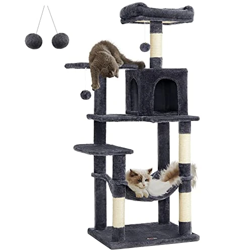 Oferta limitada: Feandrea Árbol para Gatos, Altura 143 cm, Torre de Gatos, con 4 Postes Rascadores, 2 Plataformas, 1 Cueva, 1 Hamaca, 2 Pompones, Tela de Felpa, Multinivel, Gris Ahumado PCT161G01 de 99.99 € a 38.69 € (ahorro 61%)