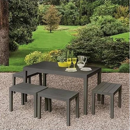 Offre limitée : Dmora - Ensemble de salon d'extérieur Sanremo, Composition de jardin avec 1 table rectangulaire et 4 bancs, Salon intérieur et extérieur de Pic Nic, 100% Made in Italy, Anthracite de 167.99 € à 158.99 € (5% de remise)