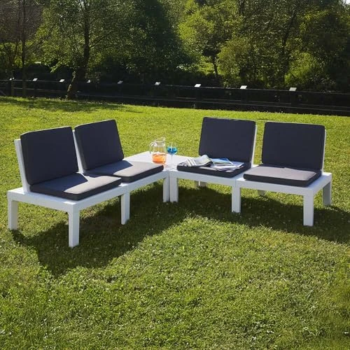 Offerta a tempo: Dmora Set da Esterno Composto da 4 sedute con Cuscini ed Un tavolino Multifunzione, Made in Italy, Color Bianco - 42% da 243.99 € a 140.99 €