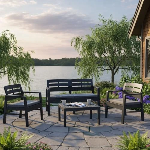 Oferta limitada: Dmora Salón Exterior con 2 sillones 1 sofá 1 Mesa de Centro con Cojines, Made in Italy, Color Antracita de 309.99 € a 309.99 € (ahorro 0.00%)
