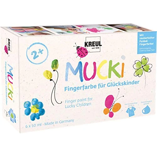 Kreul Mucki 23050 Finger Paint for Lucky Children, 6 x 50 ml in Yellow, Pink, Diamond Blue, Green, Orange, Dragon Silver, Paraben-Free, Gluten-Free, Lactose-Free, Vegan, Washable