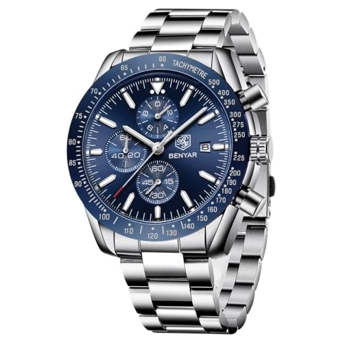 Offre limitée : BENYAR Montre chronographe analogique à Mouvement à Quartz pour Homme Montre de Sport étanche à 30 m Résistante aux Rayures Cadeau élégant pour Homme, Argent/Blu-2, Bracelet de 49.99 € à 49.99 € (0.00% de remise)