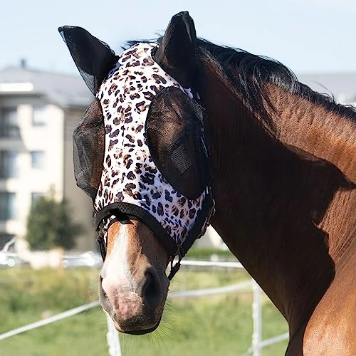 Harrison Howard Elasticità Maschera da mosca del cavallo Stupendo Comfort con protezione UV Standard Maschera da mosca del cavallo per cavallo-Leopardo Stampa (M)