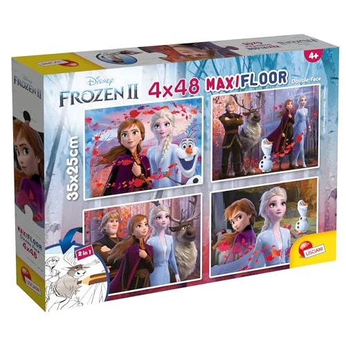 LISCIANI - PUZZLE DISNEY 2 en 1 - La Reine des Neiges - 48 Pièces - 4 Puzzles Frozen Pour Enfants dès 4 ans - 35x25cm - Double Face - Verso à Colorier avec Feutres Inclus