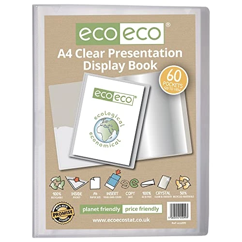 eco-eco A4 Size 50% Recycled 60 Pocket Clear Presentation Display Book, Storage Case Portfolio Art Folder with Plastic Sleeves, eco099