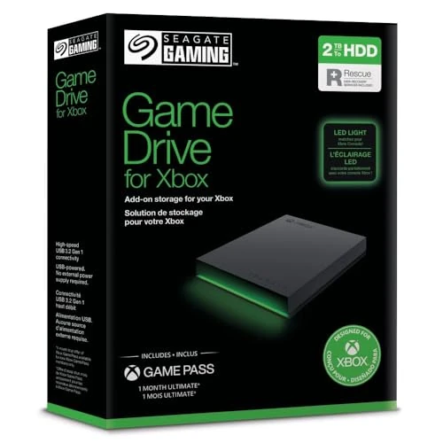 Seagate Game Drive pour Xbox 2To, Disque Dur Externe, HDD Portable, USB 3.2, Noir, certifié Xbox, LED RVB, Services Rescue (STKX2000403)