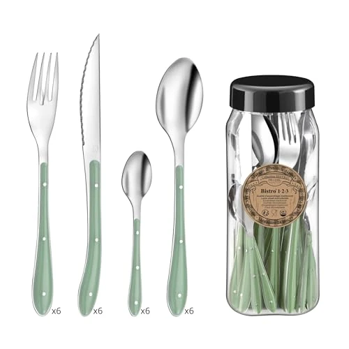 Offre limitee: PRADEL ESSENTIEL - Ménagère 24 couverts de table pour 6 personnes - Bistro 1-2-3 - Acier inoxydable 18/0, Finition Standard - Vert d'eau de 28.60 EUR a 19.99 EUR (economie 30%)