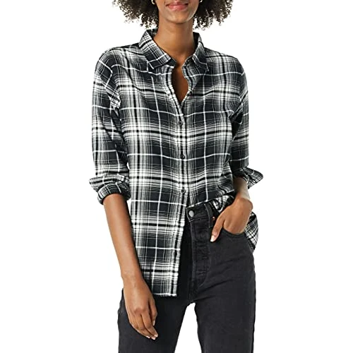 Amazon Essentials Women's Lekka flanelowa koszula z długim rękawem w kratę classic fit, Czarny Biały Duża kratka, S
