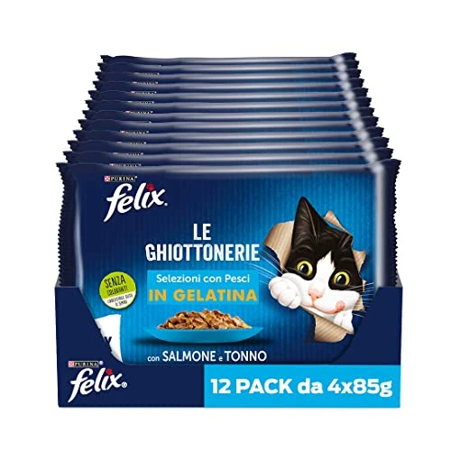 Purina Felix Le Ghiottonerie Wet Food for Cats with Salmon and Tuna, 48 Bags of 85 g Each
